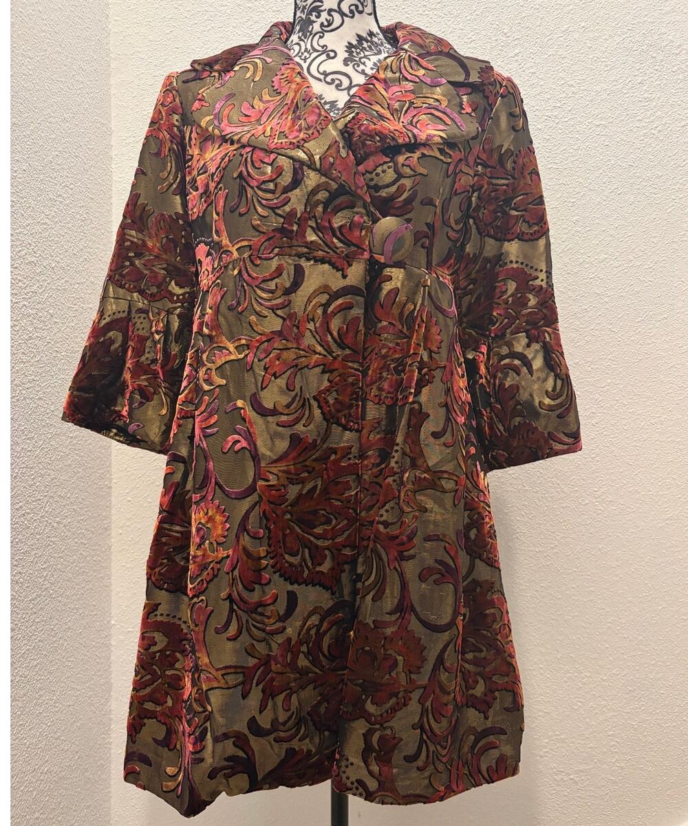 100% Silk Penny Lane Style Burnout Velvet Coat Size 2 Made in NY